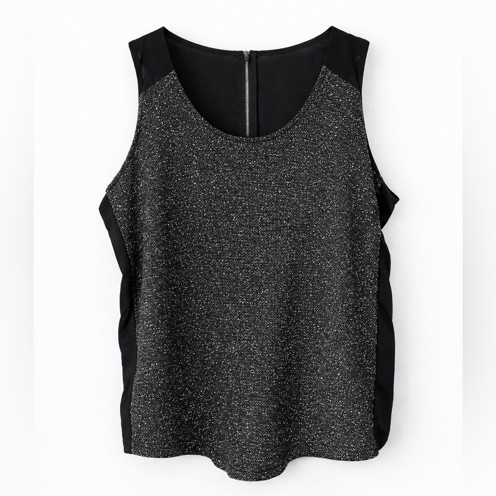 Black Sparkle Sleeveless Top Medium Sheer Exposed Zipper Back